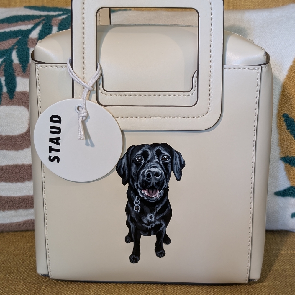 NWT STAUD Cream Mini Shoulder Bag with Black Dog